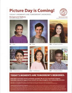A school picture order form with package options and add-ons. Un formulario de pidido de fotografias escolares con opciones de paquetes y complementos